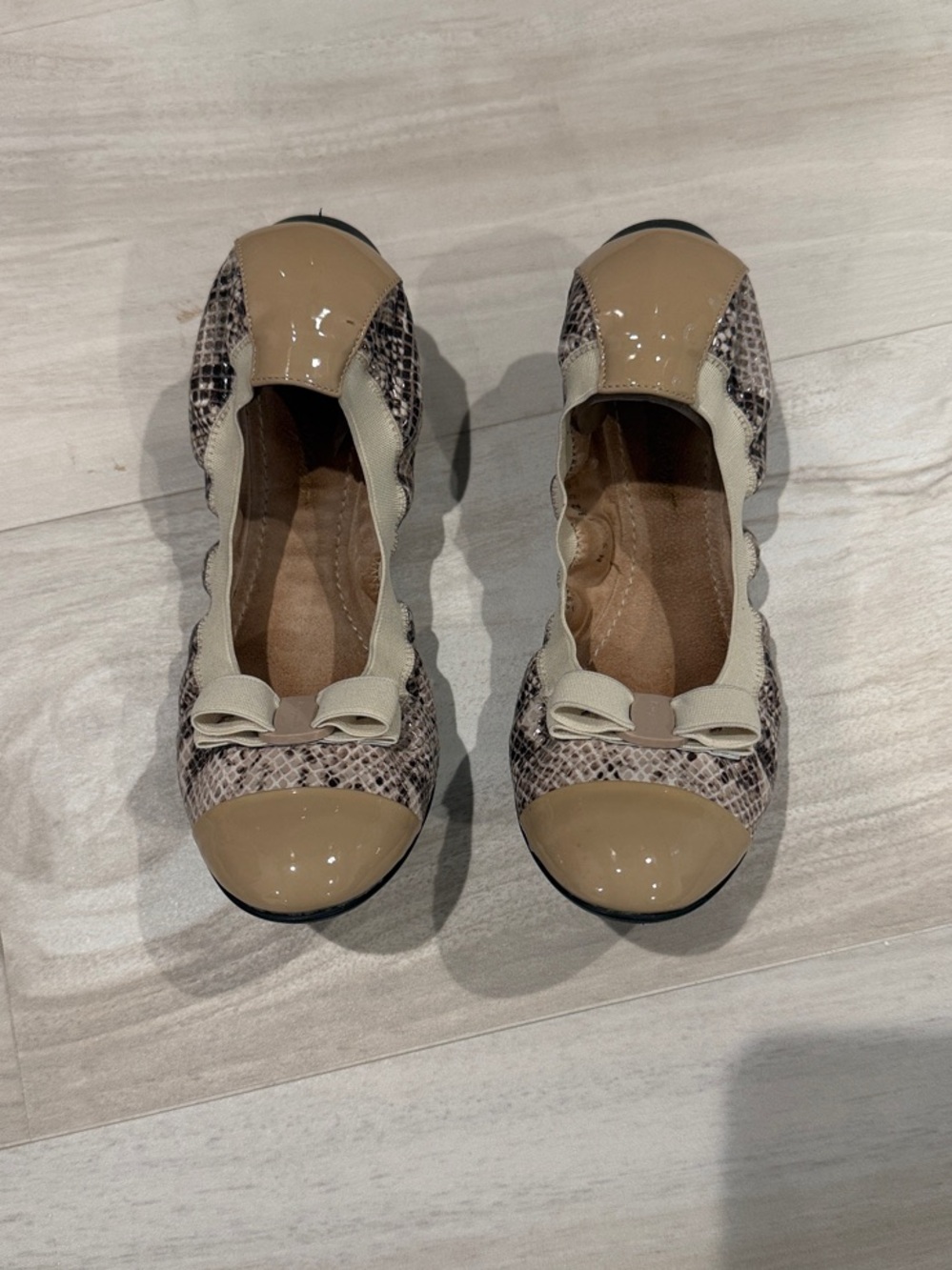 Salvatore Ferragamo Snake Print Ballet Flats in Beige and Cream